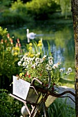 Old bicycle with planter by garden pond