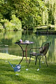 Table laid for coffee and chair by pond in romantic garden