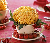 Chrysanthemum and haws in a cup with crab-apples in saucer