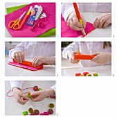 Girl making a string of felt beads