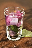Candle in glass with dried hollyhock flowers