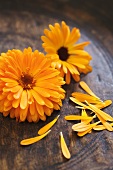 Marigolds in a wooden bowl