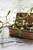 Mistletoe sprigs in an old tin box