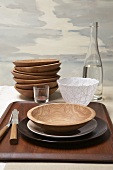Wooden Place Setting; Stacked Wooden Bowls with Bottle