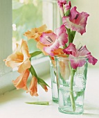 Pink and yellow flowers in glasses