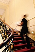 Someone going up a red-carpeted stairway in an elegant house