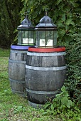 Lanterns on wooden barrels