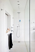 Weisses Badezimmer mit abgetrennten bodengleichen Duschbereich aus Glas, Wandnische mit Badutensilien