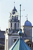 Weather vane with a fish on the top of a tower and view of a church