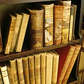 Antique books on a wooden shelf