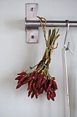 Dried red chilli peppers hanging from a stainless steel bar