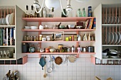 Items displayed on kitchen shelves