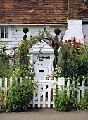 Begrünter weißer Gartenzaun mit Tür vor traditionellem Landhäuschen