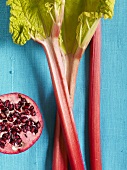 Three sticks of rhubarb and half a pomegranate against a blue background