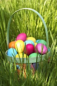 Basket of coloured eggs in grass