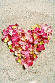 Hydrangea flowers forming a heart in sand