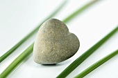 A heart-shaped pebble and papryus sedge stalks