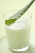 Aloe vera leaf on glass of yoghurt