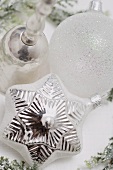 Silver Christmas tree ornaments (close-up)