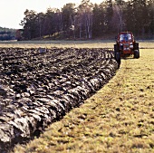 Traktor beim Pflügen auf dem Feld