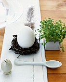 A boiled egg in a nest next to water cress, an egg spoons and a salt shaker