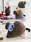 Tweed, mouse-shaped pin cushions