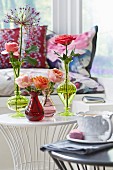 Roses in various glass vases on a side table