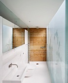 Narrow, contemporary bathroom with sink, toilet and shower (level with the floor) lined up, one after another