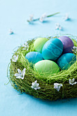 Coloured eggs in a green Easter nest