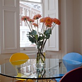 Orange flowers in glass vase on a glass table top and colored chairs in front of a window