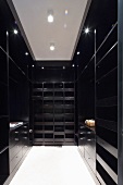 Elegant dressing room with black, glossy closets and shelves