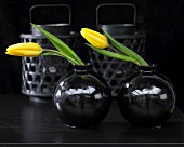 Two yellow tulips in black vases