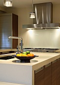 Fruit bowl on kitchen unit with sink in modern fitted kitchen with wooden fronts and stainless steel elements