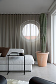 Großer Kaktus im Terrakottatopf neben modernem Sofa und Bullaugen-Fenster im Wohnzimmer