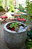 Fountain with water plants on terrace with table and chairs