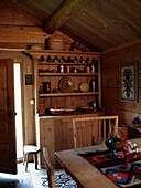 Traditional furnishings in a wooden hut