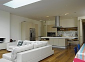 An open plan room with a modern kitchen, living and dining area