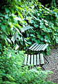 Wooden chairs hidden in the green, lush garden