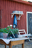 Table with plants in front of red wooden shed in the garden