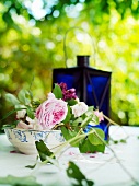 Garden roses in bowl in front of blue glass lantern
