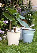 Vintage-style metal buckets in front of flower bed