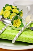 Spring place setting with yellow primulas