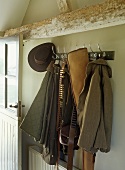 Coat rack in rustic hunting lodge