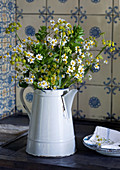 Chamomile flowers in old enamel jug against kitchen tiles in vintage blue and white pattern
