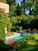 Pool in sunny garden in front of house