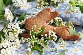A rabbit-shaped biscuit and spiraea