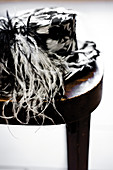 Black and white hat with decorative plumes