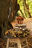 Small crown and autumn wreath on stool in woodland