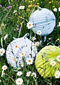 Patterned paper lanterns lying in flowery meadow