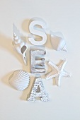 White-painted wooden letters and seashells